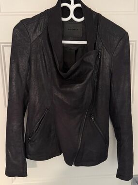 Blank NYC Black Asymmetric Leather Jacket with Draped Collar